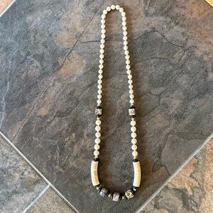 Vintage Leopard Skin Jasper, Beige Stone Jasper? & Onyx Necklace 30”